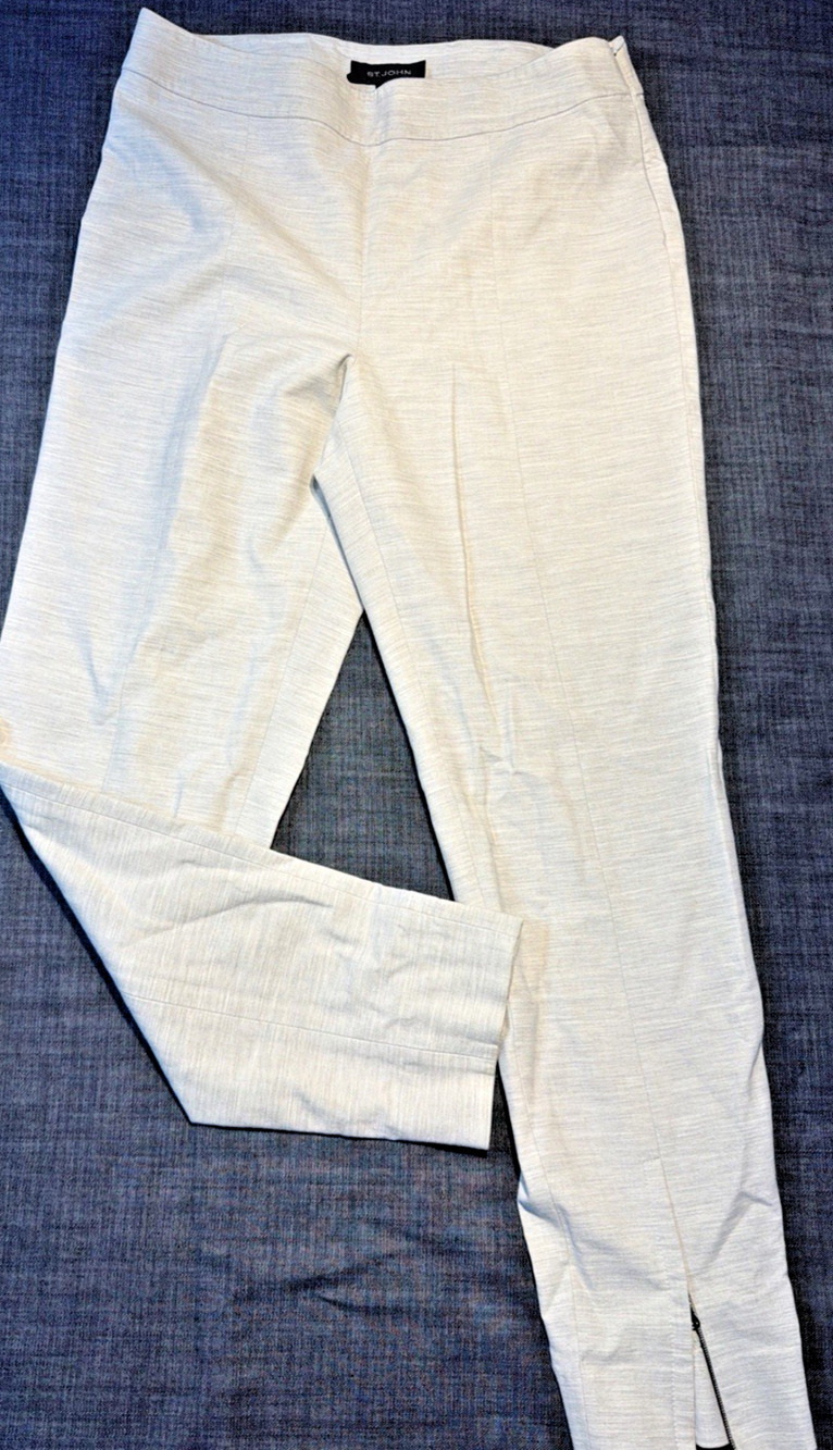 St John Oatmeal Heather Stretch Ankle Zip Trousers Side Zip Pants USA Sz 8
